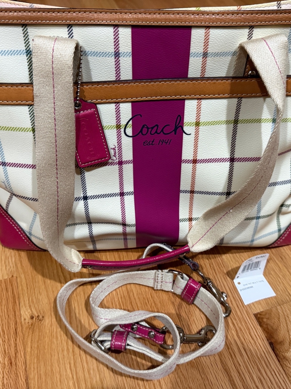 Coach White Plaid Canvas Tote with Hot Pink Stripe and Tan Trim